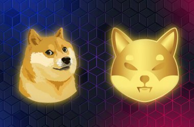 Shiba inu ve dogecoin sanal para birimi görselleri soyut bir arkaplanda. 3d illüstrasyon.