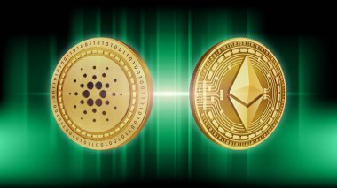 ethereum ve cardano sanal para birimi görüntüleri. 3d illüstrasyon