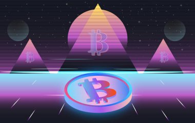 Dijital arkaplandaki bitcoin logosunun görüntüleri. 3d illüstrasyon.