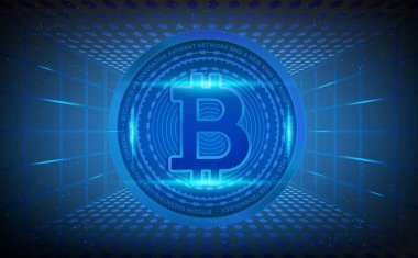 Dijital arkaplandaki bitcoin logosunun görüntüleri. 3d illüstrasyon.