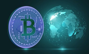 Dijital arkaplandaki bitcoin logosunun görüntüleri. 3d illüstrasyon.