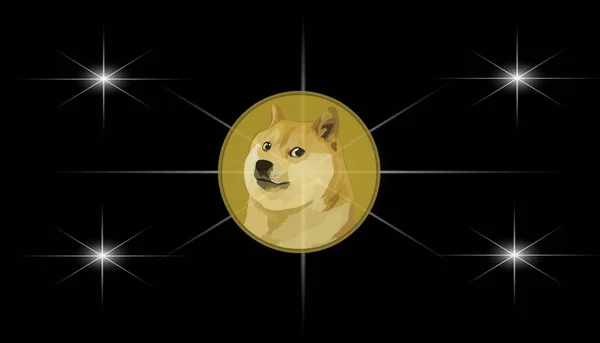 一只狗的吉祥物和黑色背景上的虚拟货币图像 — 图库照片