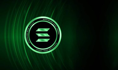 Solana sanal para biriminin dijital arkaplandaki görüntüsü. 3d illüstrasyon