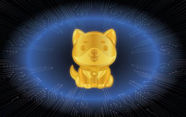 Baby doge virtual currency logo on colorful lights background. 3d illustration