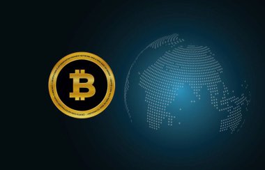 Dijital arkaplandaki bitcoin logosunun görüntüleri. 3d illüstrasyon.