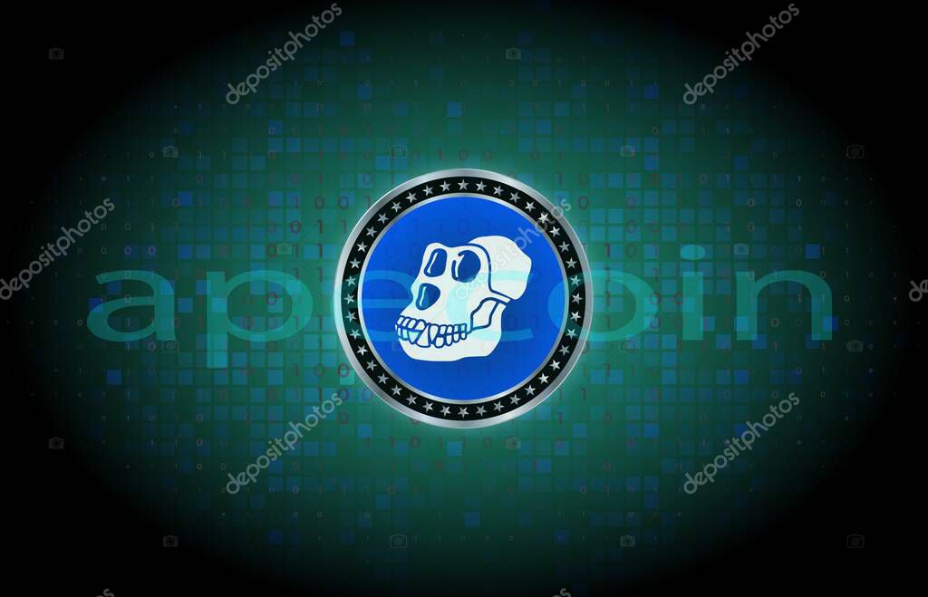 Image of apecoin virtual currency on a digital background. 3d illustration