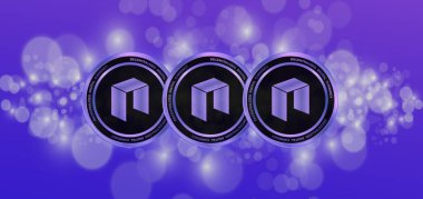 Neo sanal para biriminin dijital arkaplandaki görüntüsü. 3d çizimler.