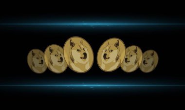 Siyah arka planda bir dogecoin maskotu ve sanal para birimi görüntüsü. resimlerComment.