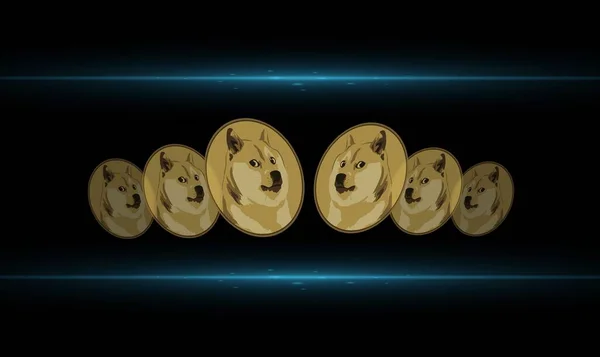 Een Dogecoin Mascotte Een Virtuele Valuta Afbeelding Een Zwarte Achtergrond — Stockfoto