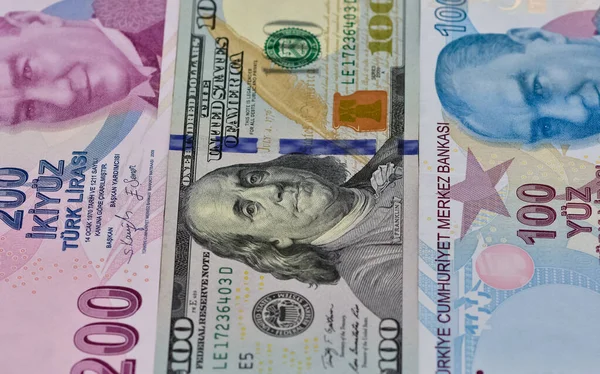 Verschillende Landenbankbiljetten Foto Van Ons Dollar Turkse Lira — Stockfoto