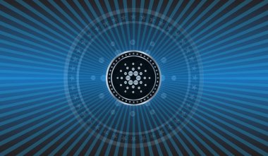 Cardano, Bölge Savcı Yardımcısı. Arka planda kripto para ticareti şeması olan bir madeni para. Sancak ticari tasarımı. 3d illüstrasyon