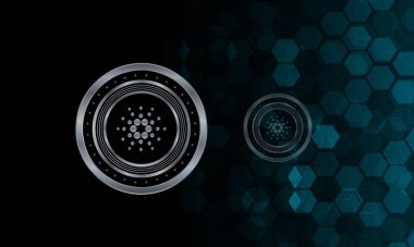 Cardano - ADA. Coin with a cryptocurrency trading chart on the background. Banner commerce design. 3d illustration