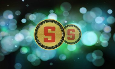 Soyut arkaplanda sanal para birimi logosu var. 3d illüstrasyon.