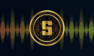 Soyut arkaplanda sanal para birimi logosu var. 3d illüstrasyon.