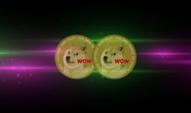 Siyah arka planda bir dogecoin maskotu ve sanal para birimi görüntüsü. resimlerComment.