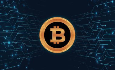 Dijital arkaplandaki bitcoin logosunun görüntüleri. 3d illüstrasyon.