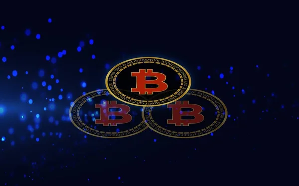 images of the bitcoin logo on a digital background. 3d illustrations.