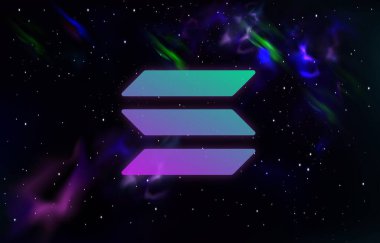 Solana sanal para biriminin dijital arkaplandaki görüntüsü. 3d çizimler.