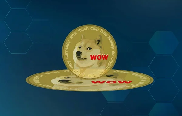 Uma Mascote Dogecoin Uma Imagem Moeda Virtual Fundo Preto Ilustrações — Fotografia de Stock