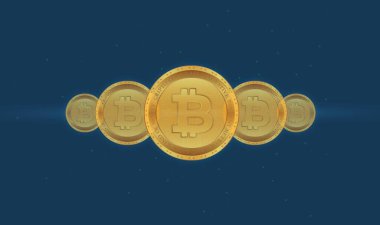 Dijital arkaplandaki bitcoin logosunun görüntüleri. 3d illüstrasyon.