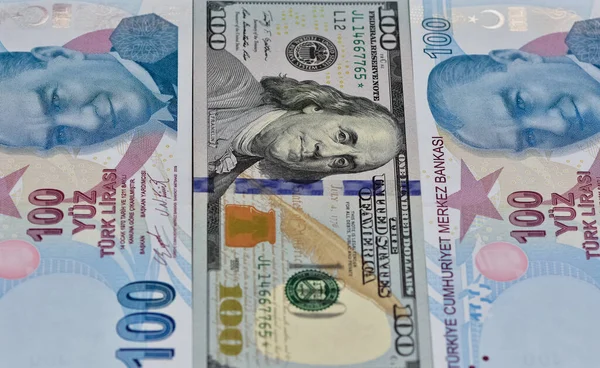 Verschiedene Banknoten Fotos Von Dollar Und Türkischer Lira — Stockfoto