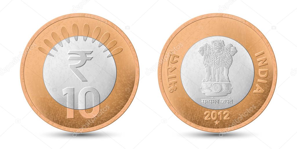 10 Rupee coin of India, back and front side isolated on white background.