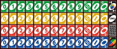 Deck of UNO game cards. Set of the playing cards of all numbers.