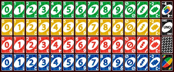 Deck of UNO game cards. Set of the playing cards of all numbers.