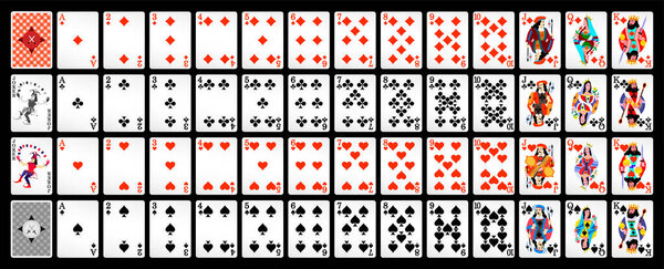 Poker with isolated cards on a black background. Playing cards for poker, full deck.