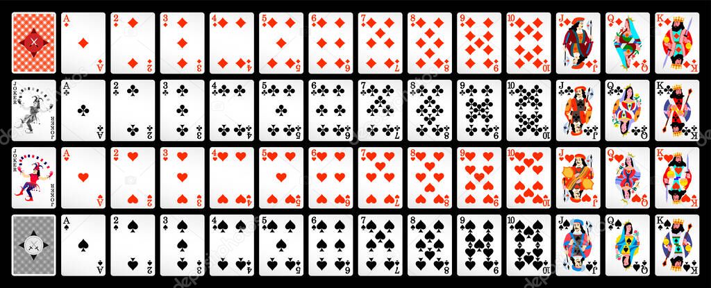 Poker with isolated cards on a black background. Playing cards for poker, full deck.