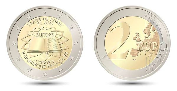 Францию Две Монеты Евро Летие Подписания Римского Договора Обратная Обратная — стоковый вектор