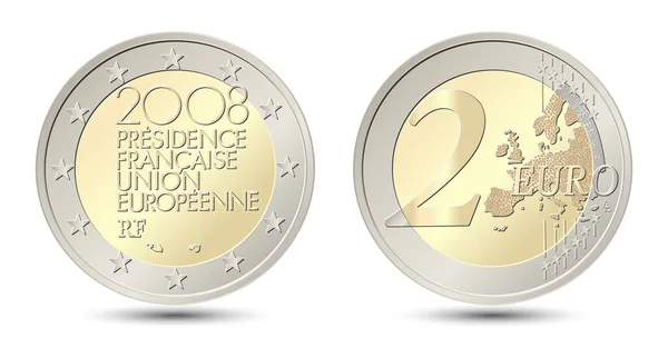 Fransa. 2 Euro. Avrupa Birliği Konseyi 'nin Fransa Başkanlığı. Fransa 'nın tersi ve zıttı iki avroluk para. Vektör illüstrasyonu beyaz arkaplanda izole edildi.