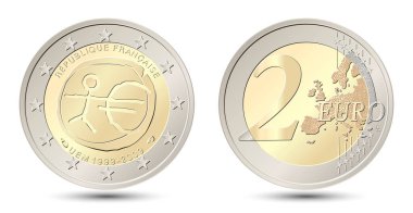 Fransa. 2 Euro. Ekonomi ve Para Birliği 'nde on yıl. Fransa 'nın tersi ve zıttı iki avroluk para. Vektör illüstrasyonu beyaz arkaplanda izole edildi.