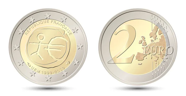 2欧元硬币 10年的经济和货币联盟 法国两种欧元硬币的背面和背面 在白色背景上孤立的向量图 — 图库矢量图片