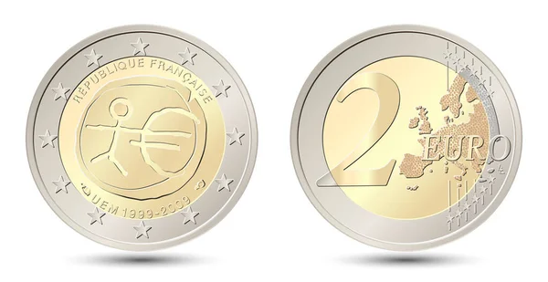 Fransa. 2 Euro. Ekonomi ve Para Birliği 'nde on yıl. Fransa 'nın tersi ve zıttı iki avroluk para. Vektör illüstrasyonu beyaz arkaplanda izole edildi.