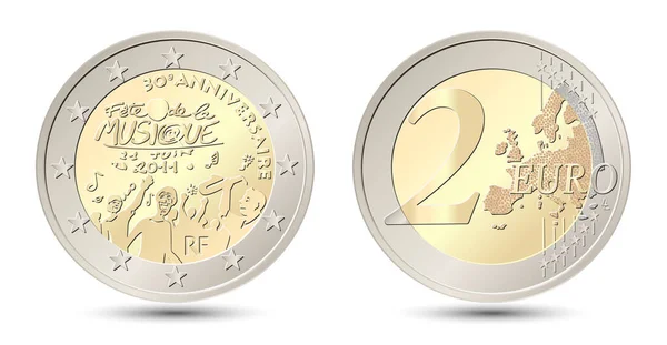 Euros Francia Años Festival Música Reverso Anverso Francia Moneda Dos — Vector de stock