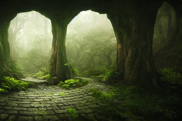 doorway to labyrinth forest. beautiful fantasy surreal landscape digital 3d illustration