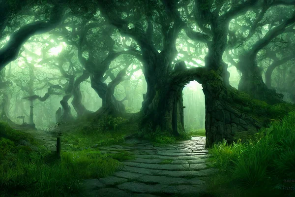 doorway to labyrinth forest. beautiful fantasy surreal landscape digital 3d illustration