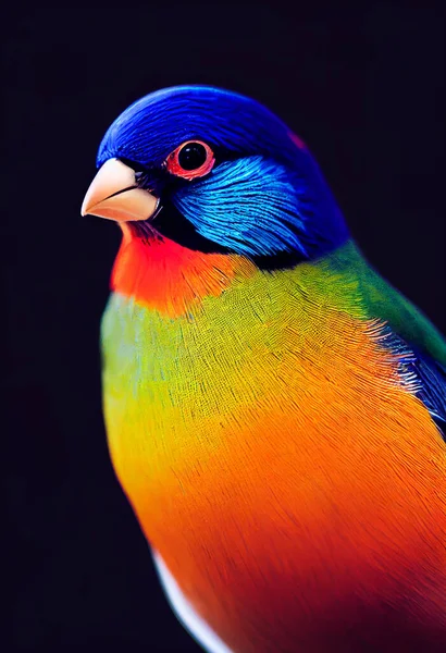 3d illustration of stunning beautiful realistic gouldian finch bird on dark background with high level of details