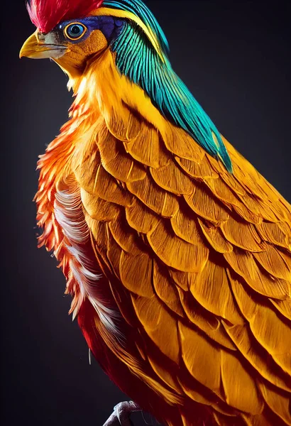 3d illustration of stunning beautiful realistic golden pheasant on dark background with high level of details