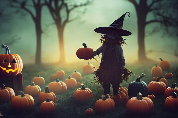 3d illustration of scarecrow jack o' lantern holding pumpkin and standing in the field with other pumpkins