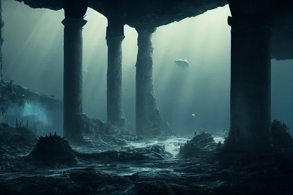 ruined lost city underwater fantasy 3d illustration