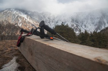 Trek direkleri ağaçların üzerinde yatıyor, dağların manzarasında..