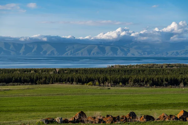 Piękny Letni Krajobraz Zielone Pola Las Niebieskie Jezioro Góry Pod — Zdjęcie stockowe