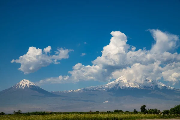 Gyönyörű Kilátás Ararat Hegyek Felhők — Stock Fotó