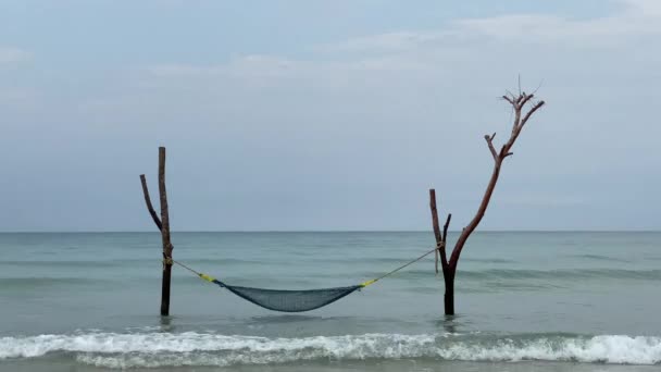 ビーチスイングと海の波を見て 海のビーチでの自由な夏の瞬間 — ストック動画