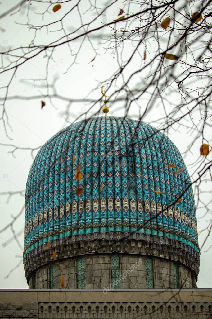 Colored dome of a muslim mosque in an autumn day, backgrounds