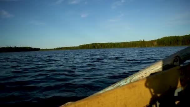 Een jongen en een meisje lopen op een roeiboot op de grond in het bos, — Stockvideo