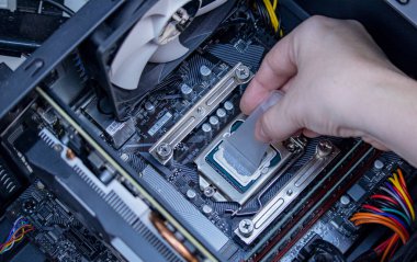 kız programcı bilgisayar işlemcisine termal yapıştırıcı uygula, makro fotoğrafçılık