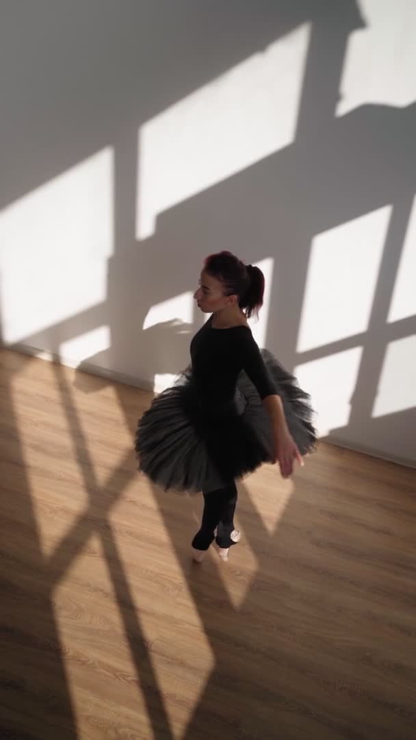 Ballerina v černé tutu elegantně tančí proti bílé zdi v jasném slunečním světle — Stock video